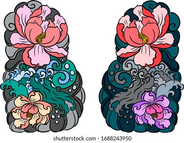 Flor de Lotus y vectores de salpicaduras de agua para el fondo de tatuajes.Ilustración floral tradicional japonesa para el arte del doodle y libro de colorear sobre fondo blanco aislado.Ola china y flor de peones.
