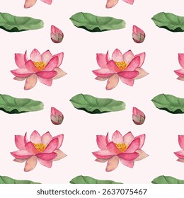 Lotus flower watercolor seamless pattern. Leaves, bud, blooming lotus watercolor elements. Elegant botanical background for Mid Autumn festival decoration. Asian popular floral background. 