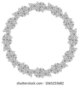 Lotus flowers arranged in intricate circular frame. Popular decorative motif in South-Eastern Asia. Tattoo design. Linear drawing isolated on white background. EPS10 vector illustration