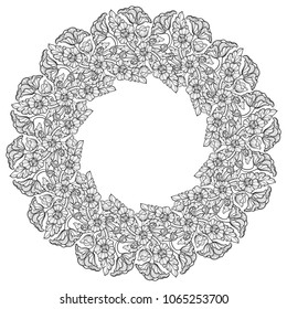 Lotus flowers arranged in intricate circular frame. Popular decorative motif in South-Eastern Asia. Tattoo design. Linear drawing isolated on white background. EPS10 vector illustration