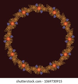 Lotus flowers arranged in intricate circular frame. Popular decorative motif in South-Eastern Asia. Tattoo design. Luxury golden linear drawing on a dark brown background. EPS10 vector illustration