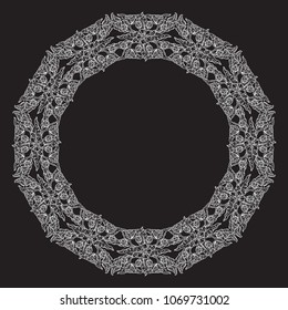 Lotus flowers arranged in intricate circular frame. Popular decorative motif in South-Eastern Asia. Tattoo design. Linear drawing isolated on black background. EPS10 vector illustration