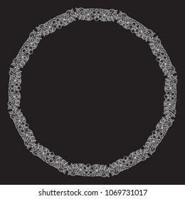 Lotus flowers arranged in intricate circular frame. Popular decorative motif in South-Eastern Asia. Tattoo design. Linear drawing isolated on black background. EPS10 vector illustration