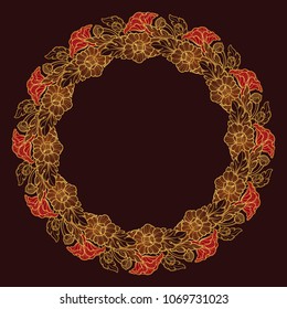 Lotus flowers arranged in intricate circular frame. Popular decorative motif in South-Eastern Asia. Tattoo design. Luxury golden linear drawing on a dark brown background. EPS10 vector illustration