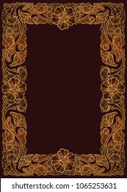 Lotus flowers arranged in intricate rectangular frame. Popular decorative motif in South-Eastern Asia. Tattoo design. Linear drawing in gold isolated on dark brown background EPS10 vector illustration