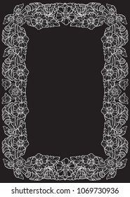 Lotus flowers arranged in intricate rectangular frame. Popular decorative motif in South-Eastern Asia. Tattoo design. Linear drawing isolated on black background. EPS10 vector illustration