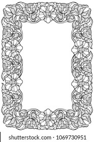 Lotus flowers arranged in intricate rectangular frame. Popular decorative motif in South-Eastern Asia. Tattoo design. Linear drawing isolated on white background. EPS10 vector illustration