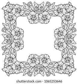 Lotus flowers arranged in intricate square frame. Popular decorative motif in South-Eastern Asia. Tattoo design. Linear drawing isolated on white background. EPS10 vector illustration