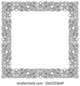 Lotus flowers arranged in intricate square frame. Popular decorative motif in South-Eastern Asia. Tattoo design. Linear drawing isolated on white background. EPS10 vector illustration