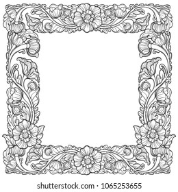 Lotus flowers arranged in intricate square frame. Popular decorative motif in South-Eastern Asia. Tattoo design. Linear drawing isolated on white background. EPS10 vector illustration