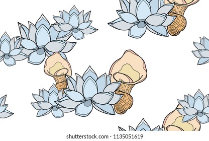 Lotus flowers. Big leaves and exotic flowers composition. Vector illustration. Botanical seamless wallpaper. Digital nature art. Cartoon style sketch. White background.