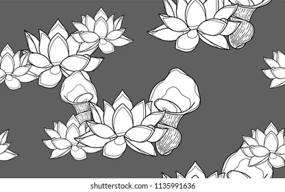 Lotus flowers. Big leaves and exotic flowers composition. Vector illustration. Botanical seamless wallpaper. Digital nature art. Cartoon style sketch. Grey background.