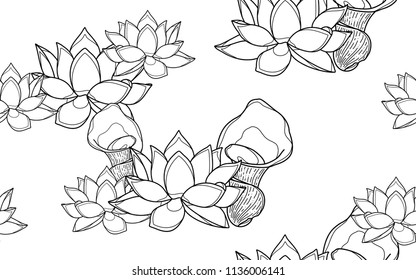 Lotus flowers. Big leaves and exotic flowers composition. Vector illustration. Botanical seamless wallpaper. Digital nature art. Cartoon style sketch. White background.