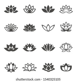 Lotus flowers black glyph and linear icons vector set. Monochrome blooming plants, various petals black and white symbols. Water lily logo design. Blossoming flora isolated illustrations collection