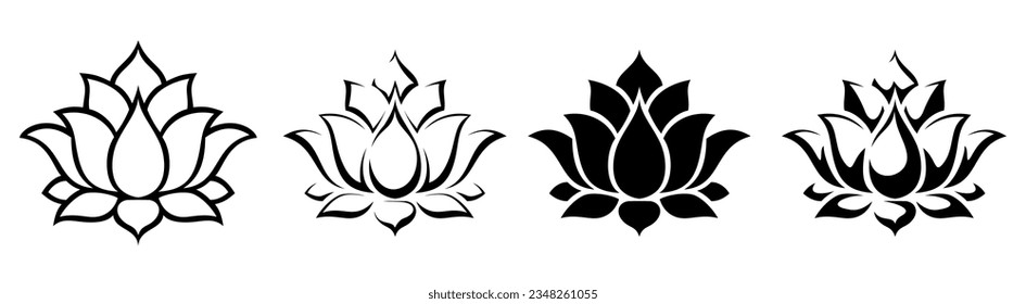 Lotus flowers. Black silhouettes and contour drawings of  lotuses isolated on a white background. Set of vector illustrations