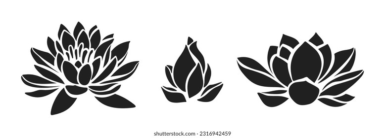 Lotus flowers. Black silhouettes of lotuses isolated on a white background. Set of vector illustrations