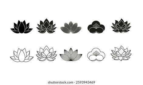 Lotus flowers black and white collection. Minimalistic simple vector illustrations, icons and logos set.