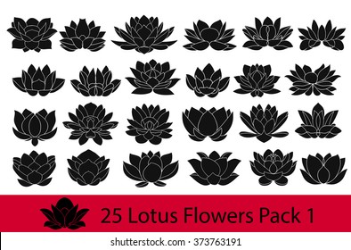 Lotus flowers black and white silhouette, modern flat icons. Set of vector hand drawn lotos flower logo illustrations isolated on white background, thin line collection 2
