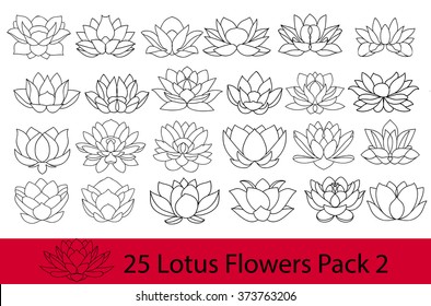 Lotus flowers black and white silhouette, modern flat icons. Set of vector hand drawn lotos flower logo illustrations isolated on white background, thin line collection 1
