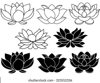 ハスの花の白黒のシルエット 3つのベクター手描きのイラストのセット のベクター画像素材 ロイヤリティフリー