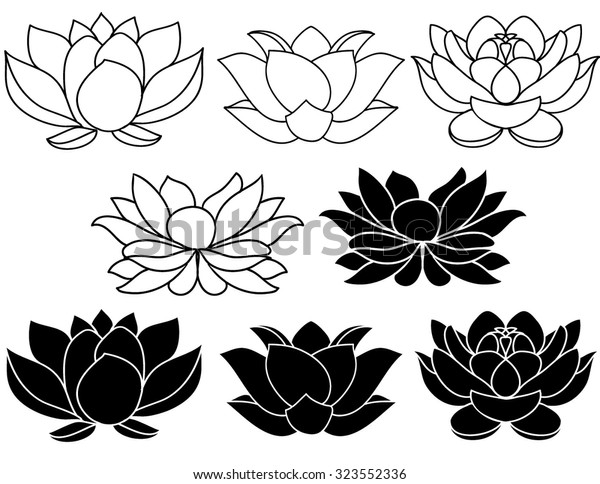 ハスの花の白黒のシルエット 3つのベクター手描きのイラストのセット のベクター画像素材 ロイヤリティフリー