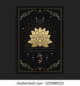 Lotus flowers blooming on the water decorated with the moon and fish, card illustration with esoteric, boho, spiritual, geometric, astrology, magic themes, for tarot reader card or posters 