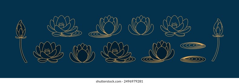 Lotus flowers, blossoms, leaf, bud, floral design elements collection, isolated clip art. Hand drawn line art vector illustration. Mid Autumn Festival, Dragon Boat Festival traditional holiday set