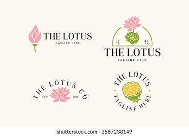 lotus flowers, buds, petals with leaves minimalist logo design. several stems of lotus with leaves silhouette logo concept. feminine lotus flower logo set for beauty care, cosmetic, boutique