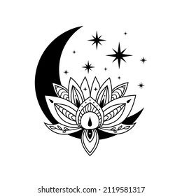 Lotus flowers with crescent moon and stars, vector blooming lotus. Lotus logo design. Lotus spiritual design  isolated on white background