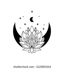 Lotus flowers with crescent moon and stars, vector blooming lotus. Lotus logo design. Lotus spiritual design  isolated on white background