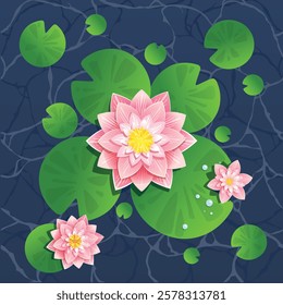 Lotus flowers floating on a calm pond, surrounded by green lily pads. Symbolizing peace, purity, and spiritual awakening. Perfect for relaxation and nature-themed designs