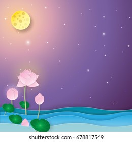 Lotus flowers and full moon on night background.With paper art style vector illustration.