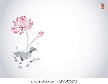 Lotus flowers hand drawn with ink on white background. Traditional oriental ink painting sumi-e, u-sin, go-hua