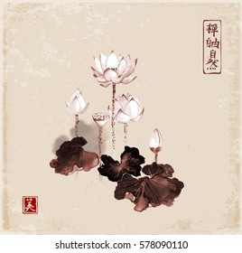 Lotus flowers hand drawn with ink on vintage background. Contains hieroglyphs - zen, freedom, nature, beauty.Traditional Japanese ink painting sumi-e