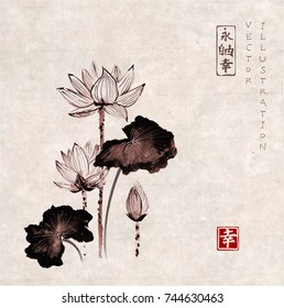 Lotus flowers hand drawn with ink in vintage style. Traditional Japanese ink painting sumi-e. Contains hieroglyphs - eternity, freedom, happiness