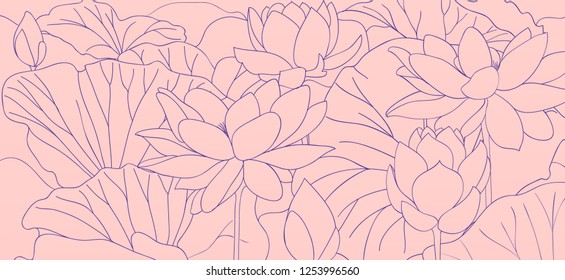 Lotus flowers, leaves and buds. Outline pattern for backgrounds, gently pink.