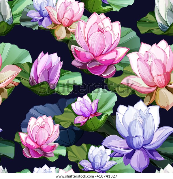 Lotus Flowers With Leaves And Buds Seamless Background Pattern Hand Drawn Elements Vector 5299