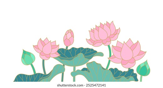 Flores de loto y hojas de decoración aislada Ilustración vectorial de estilo asiático tailandés
