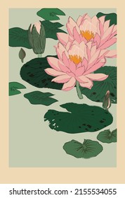 Flores de Lotus y hojas ilustraciones vectoriales aisladas en el viejo estilo ukiyoe-e de la huella de madera japonesa. Diseño para cosméticos naturales, atención de salud y productos ayurvédicos, centro de yoga.