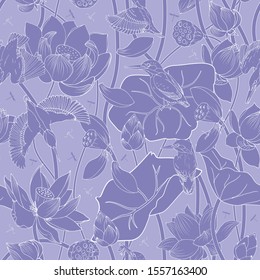 Lotus Flowers And Leaves And Kingfishers, Seamless Vector Pattern
