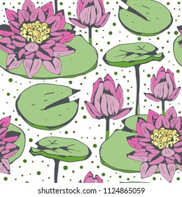 Lotus flowers, leaves seamless pattern. Floral background. Botanical print. Fabric design