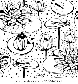 Lotus flowers, leaves seamless pattern. Floral background. Botanical print. Fabric design in black and white