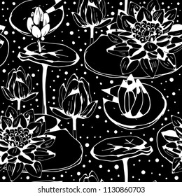Lotus flowers, leaves seamless pattern. Floral background. Botanical print. Fabric design in black and white