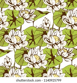 Lotus flowers, leaves seamless pattern. Floral background. Botanical print. Fabric design 