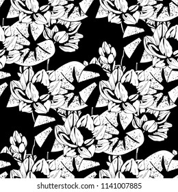 Lotus flowers, leaves seamless pattern. Floral background. Botanical print. Fabric design in black and white