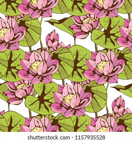Lotus flowers, leaves seamless pattern. Floral background. Botanical print. Fabric design 