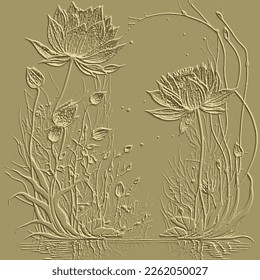 Lotus flowers lines 3d textured pattern. Decorative embossed floral golden background. Line art hand drawn surface lotus flowers, buds, leaves. Emboss modern relief ornaments. Ornate gold texture.