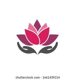 lotus flowers logo design with hand. vector icon Illustration