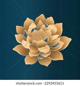 Lotus flowers for luxury and exclusive use in design. Water lilies in gold and blue colors, isolated lotus elements. Nelumbo made in Chinese aesthetics and culture style.Vector illustration.