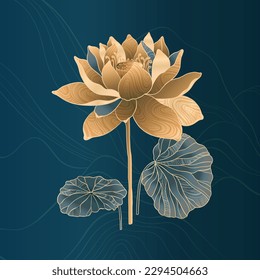 Lotus flowers for luxury and exclusive use in design. Water lilies in gold and blue colors, isolated lotus elements. Nelumbo made in Chinese aesthetics and culture style.Vector illustration.